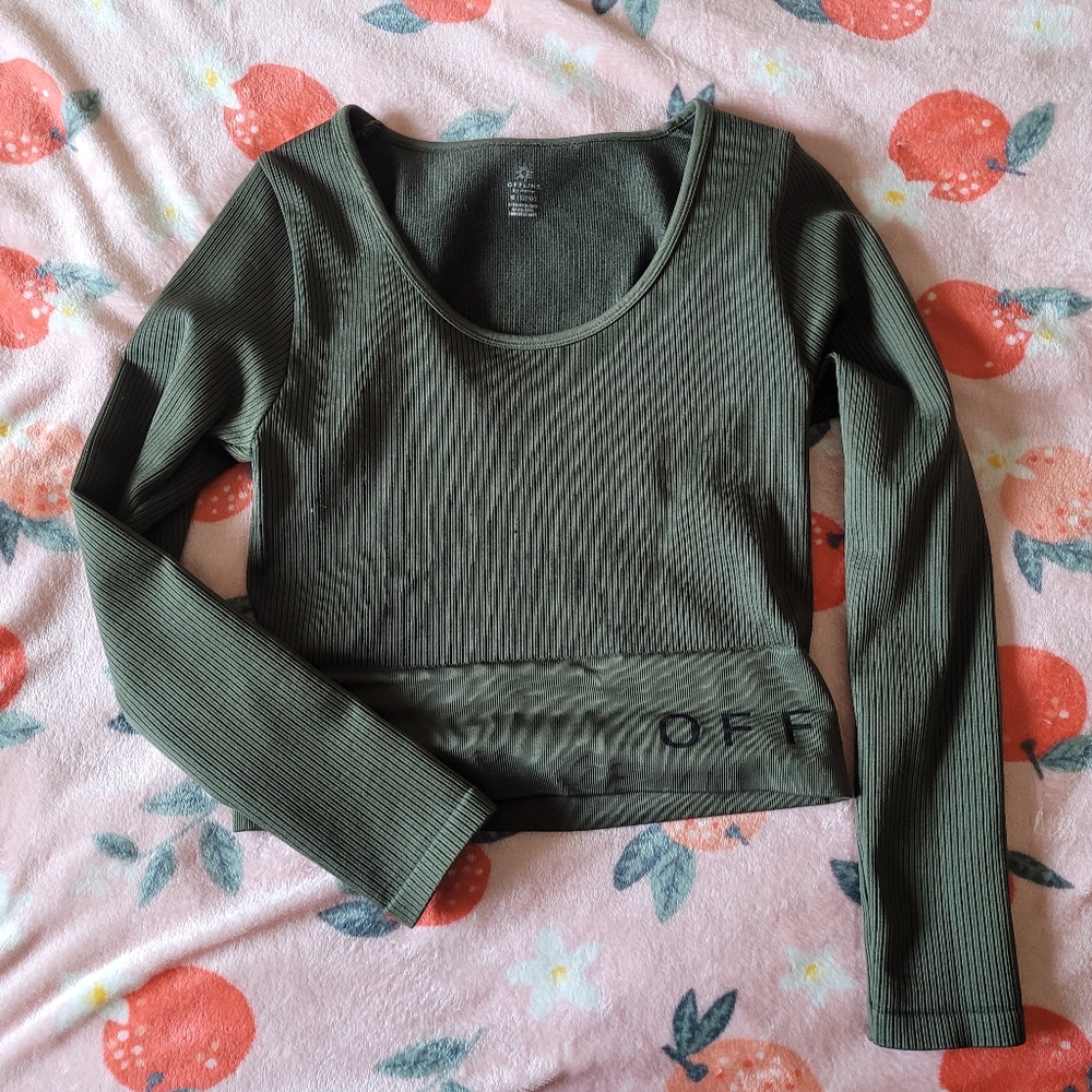 AERIE offline ribbed seamless olive green cropped long sleeve workout top XL